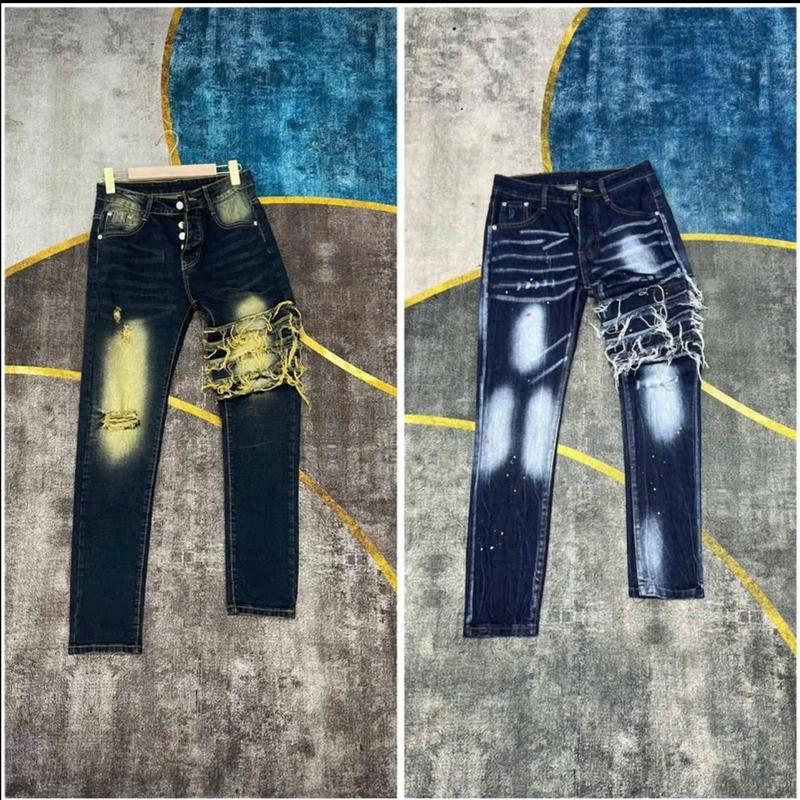 Quần JEAN Nam xanh và đen 4 khuy Phối Sọc Tua ngang đùi ICO (ảnh thật) Menswear Có Túi Pants