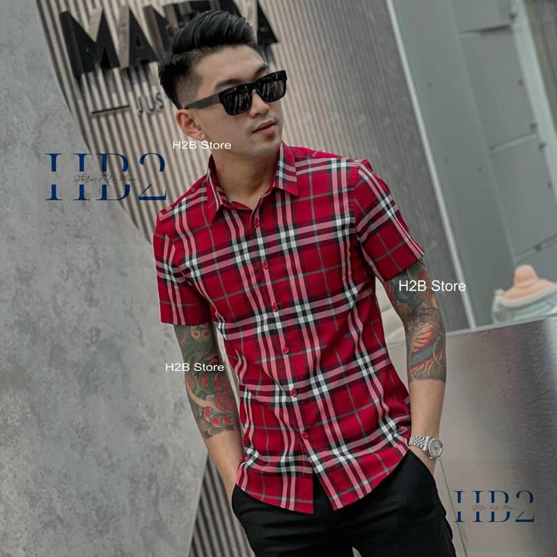 Áo Sơ Mi Ngắn Tay Caro Đỏ Sọc Trắng  Có Cổ Shirt Jean Tim Menswear Nam