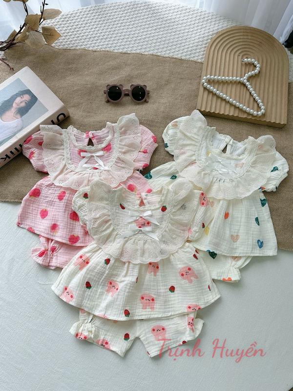 THK Bộ Xô Muslin Ngắn Tay Cổ bèo Cho Bé Gái 4-12 Kg Chất Xô Mềm Mịn Mát