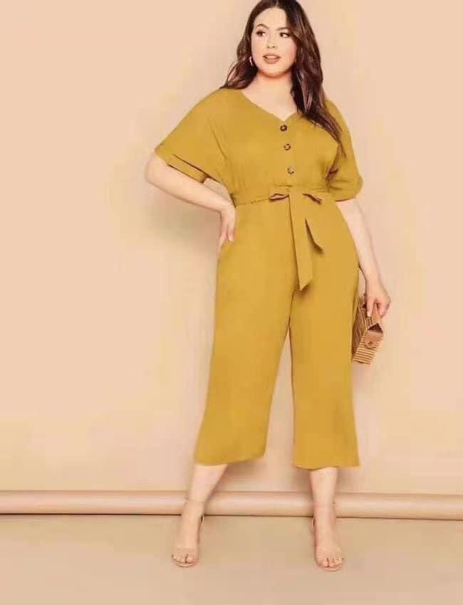 Product Introduction of plus botton front v neck short sleeve belted jumpsuit 2