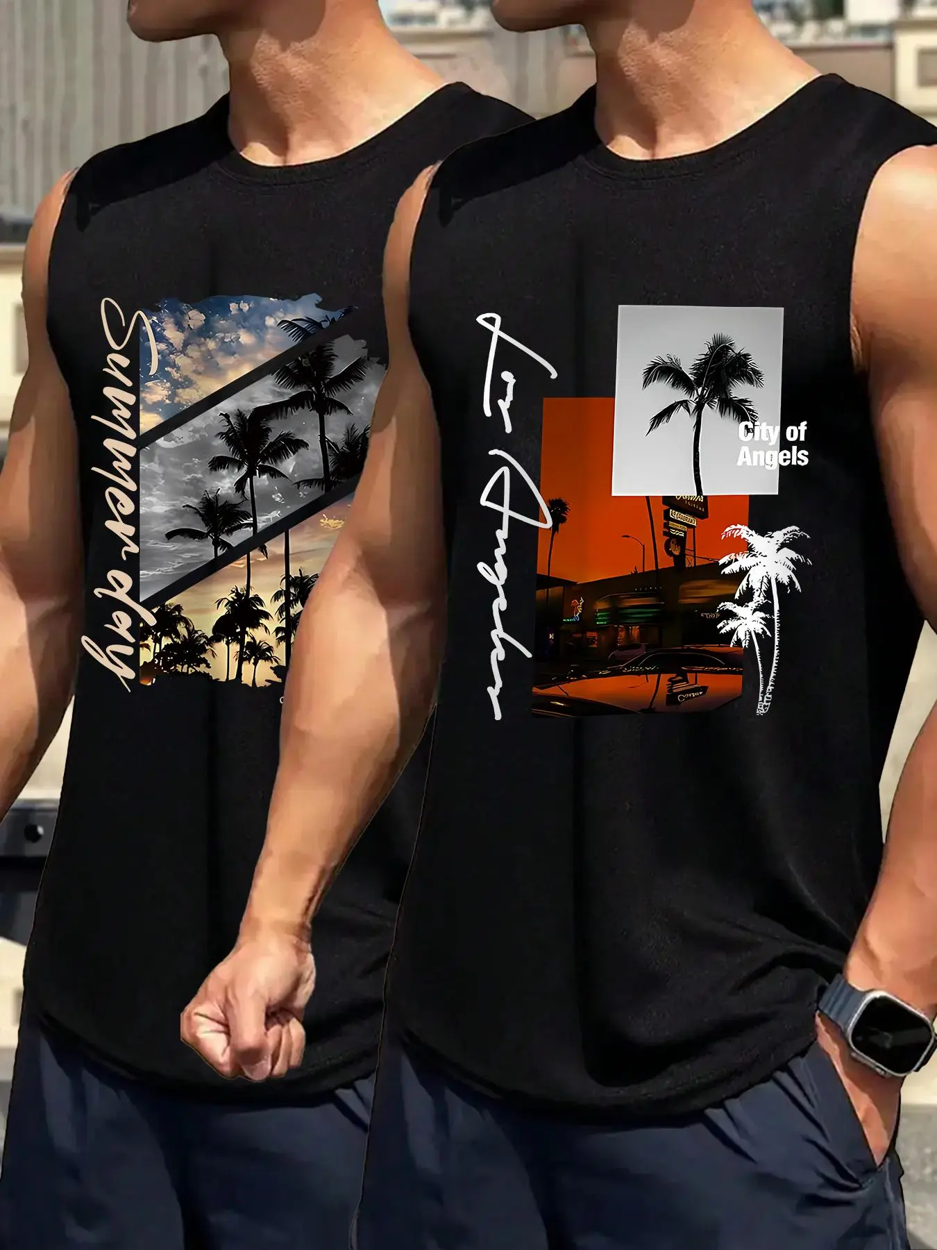 Men's Letter & Palm Tree Print Tank Top, Regular Fit Casual Sleeveless Round Neck Top for Summer, Men's Top for Daily Wear, Vests