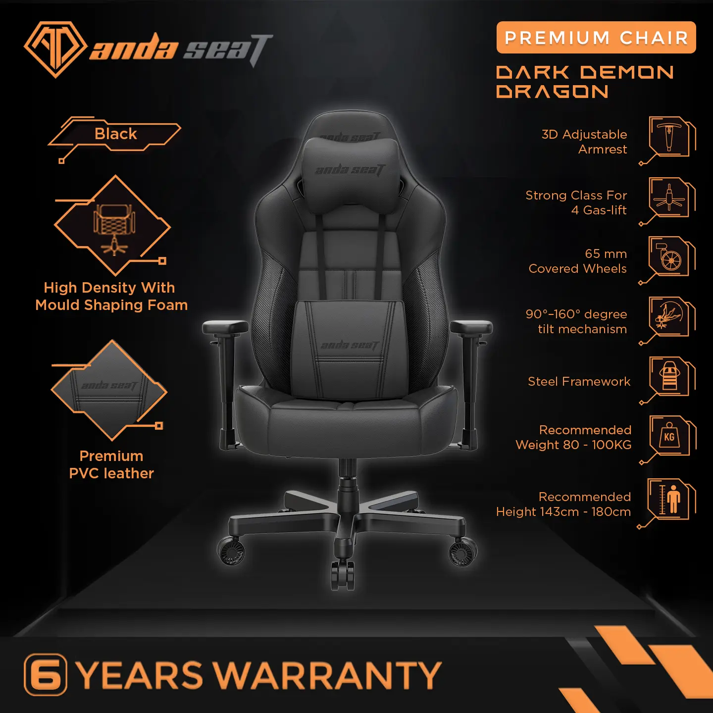 ANDASEAT DARK DEMON DRAGON SERIES GAMING CHAIR - BLACK