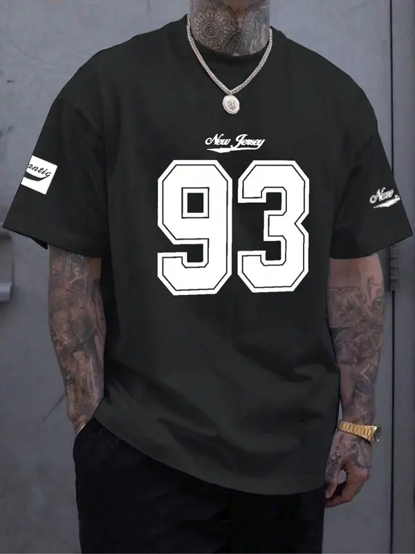 Men's Number 93 & Letter Print Short Sleeve Graphic Tee, Regular Fit Casual Round Neck T-shirt for Summer, Men's Top for Daily Wear 0