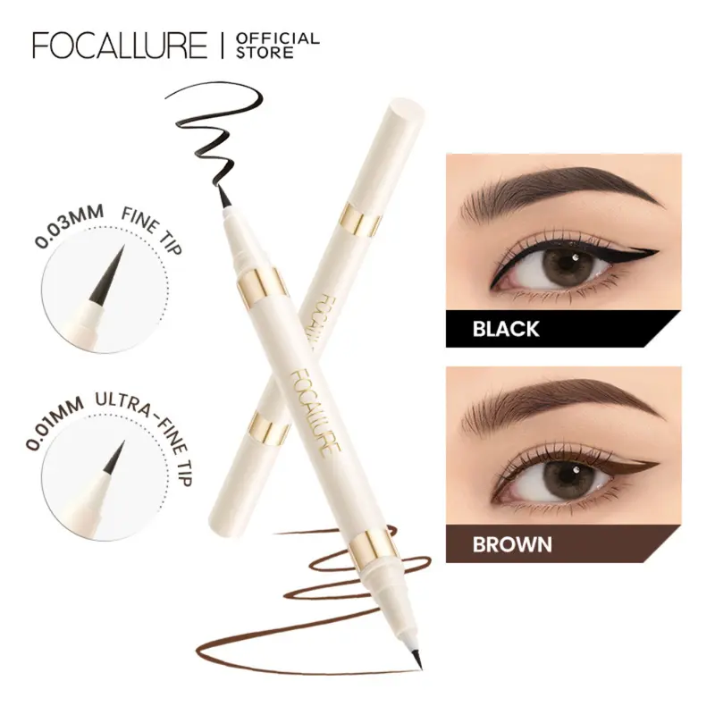 Bút Kẻ Mắt Kép, FOCALLURE, Màu Đen Và Nâu, Bút Kẻ Mắt Cực Mịn, Dung Dịch Không Thấm Nước, Nhanh Khô, Chống Nhòe, Lâu Trôi, Dễ Tẩy Trang Mắt, Siêu Mịn 0