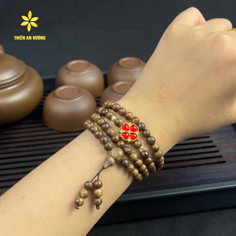 Vòng Tay Trầm Hương 108 Hạt Mix Cỏ 4 Lá May Mắn Hi Vọng Theo Mệnh - Thiên An Hương tặng kèm hộp đựng vòng tay 5