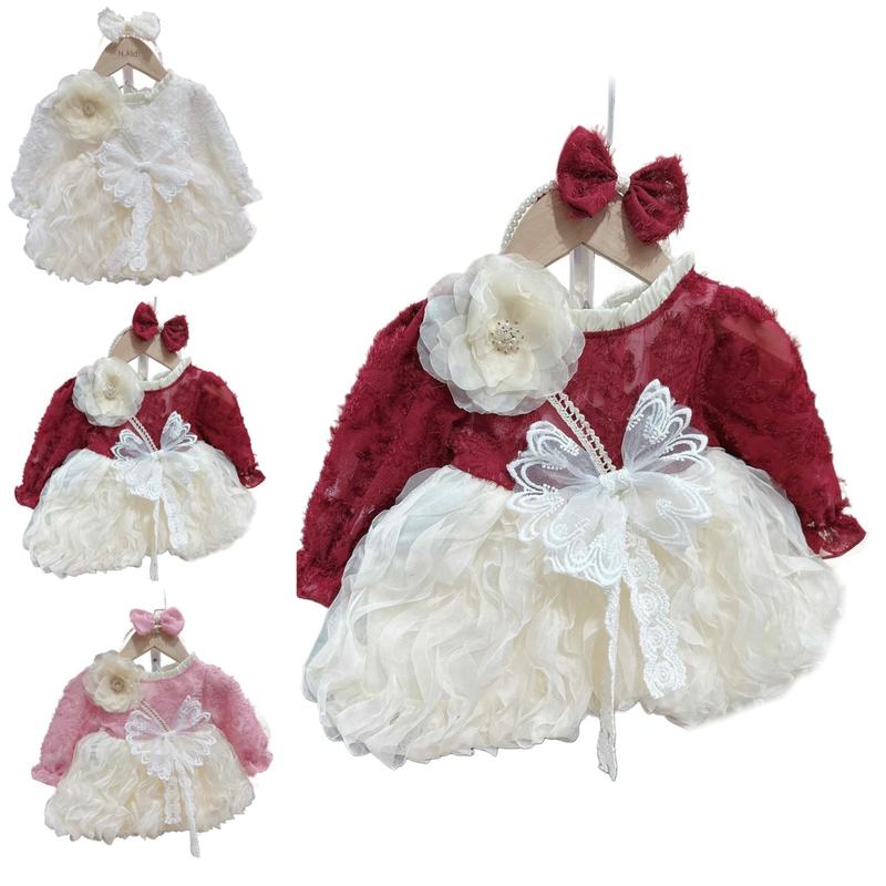 T.Huyền_ Váy Hoa 3 Màu Đỏ-Hồng_Kem Kèm Xược Nơ Cho Bé Gái 4-10Kg Váy Mặc Mùa Đông