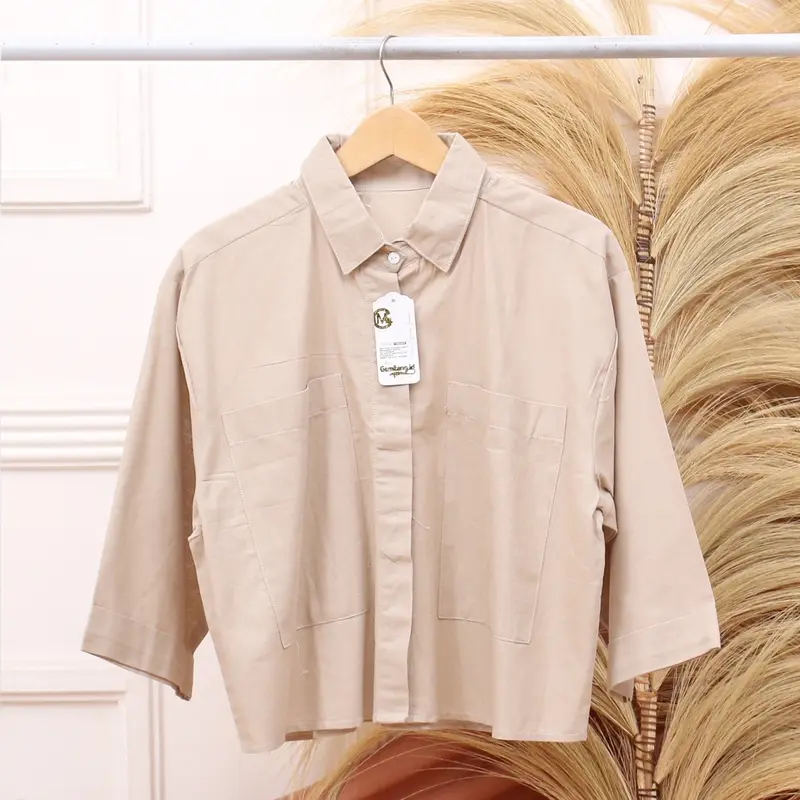 Melva Korean Crop Kemeja Wanita Semi Crop Linen Saku Dua Ld 120 Blouse Atasan Wanita Gemilang 1