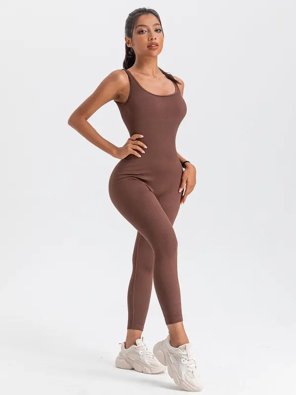 Women's Solid Backless Ribbed Sports Jumpsuit, Scoop Neck Seamless Jumpsuit, Ladies Sportswear Clothing, Sports Onesies, Summer Outfits 2024, Please Purchase A Size Up 1