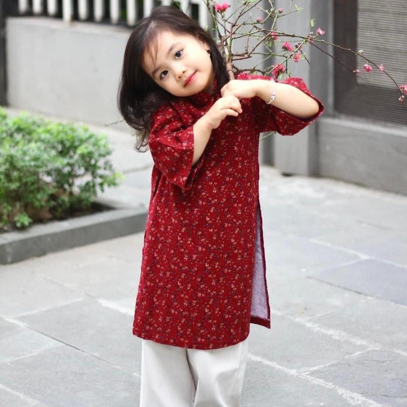 Sét áo dài truyền thống tặng kèm turban cho bé gái chất liệu thô cà bông và quần nhung tăm