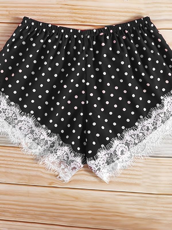Plus Size Two-piece Set Polka Dot Print Contrast Lace Pyjama Set, Fashion Ruched Tube Top & Bow Front Shorts, Women's Two-piece Sleepwear Set for Summer 4