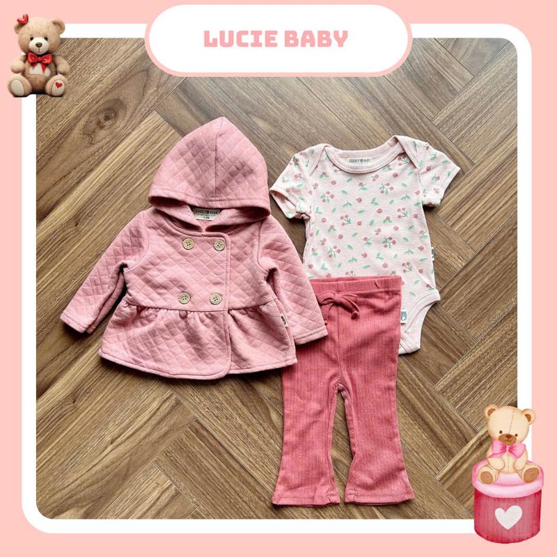 Bộ quần áo 3 chi tiết có áo khoác chần bông dài tay kèm móc cho bé gái sơ sinh 0-18 tháng chất liệu Cotton thoải mái thoáng khí Vải Cotton