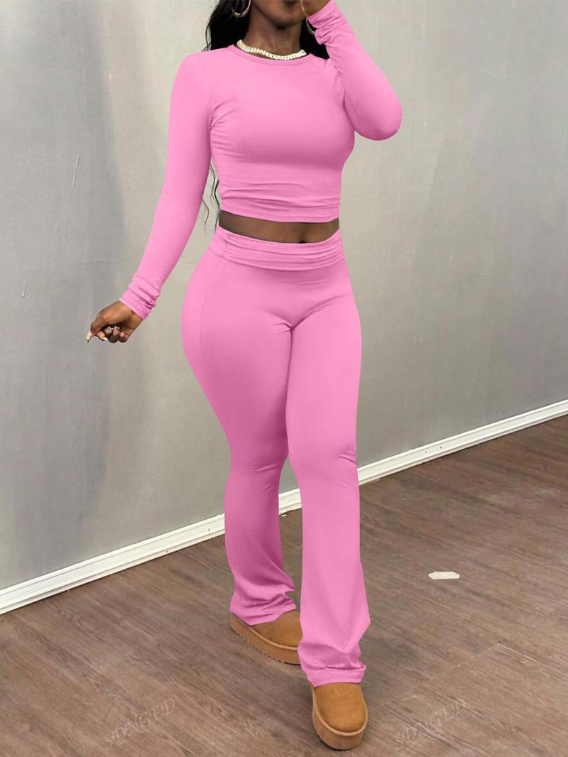 Product Introduction of Women's Solid Color Ruched Tee & Flare Leg Pants Set, Casual Long Sleeve Round Neck Top & Bell Bottom Trousers Two Piece Set for Fall & Winter, Women's Clothes for Daily Wear， Rave 2 Piece Set 8