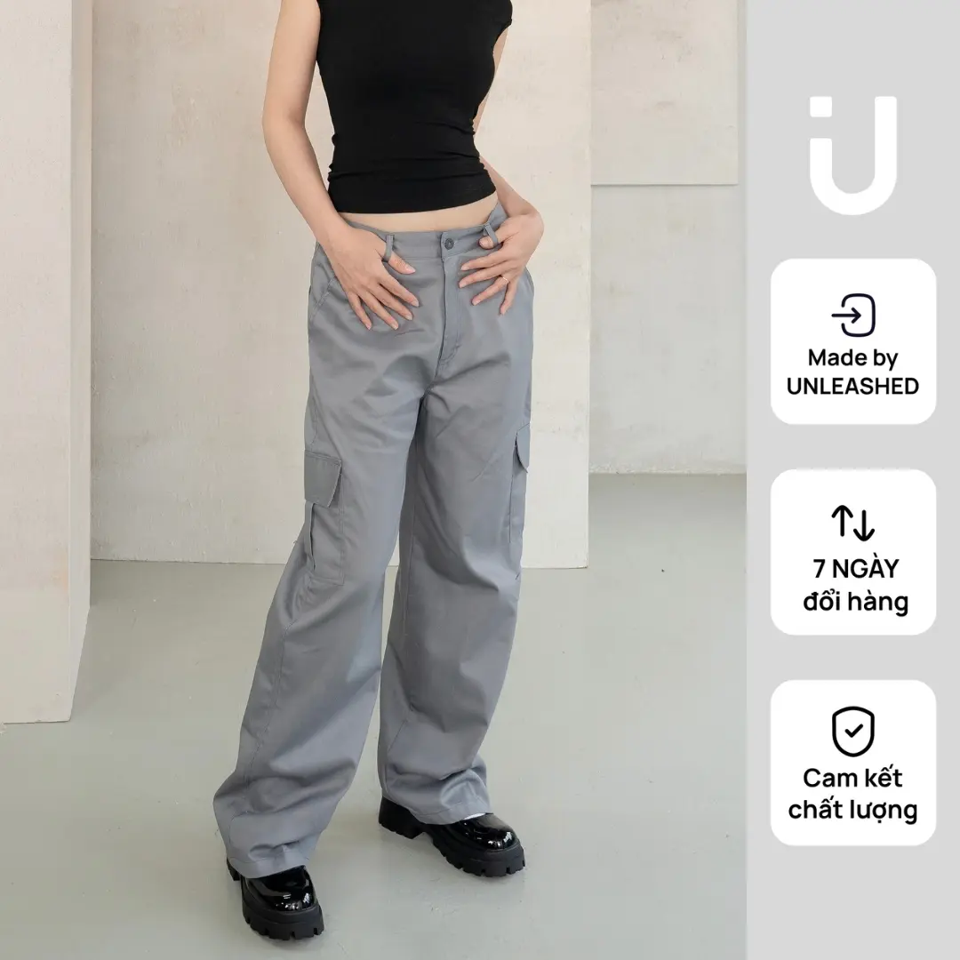Quần túi hộp kaki ống suông rộng cạp trễ Unleashedvn Lea Minimal Wide Leg Cargo Pants