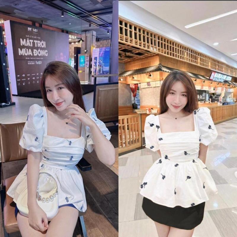 Sét bộ áo peplum hoa thêu cổ vuông kèm chân váy A tapta Sét bộ áo và váy bigsize Kim Ngân từ 50 kg đến 100 kg M/L/XL/XXL