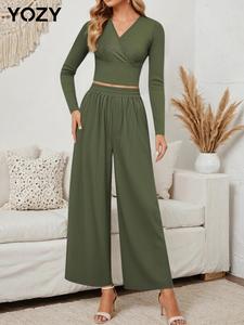 YOZY Women's Solid Wrap V Neck Top & Wide Leg Pants Two-piece Set, Casual Long Sleeve Top & Trousers 2 Piece Set for Fall & Winter, Women's Clothes for Daily Wear