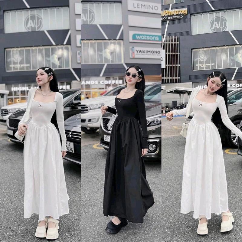 Đầm midi nữ đi chơi , đầm cổ vuông tay dài dáng xoè midi 2 tôn màu sang trọng thanh lịch Dress Thun Women Trắng Voan Voi Đen váy  dự  tiệc  đám  cưới  dài  tay