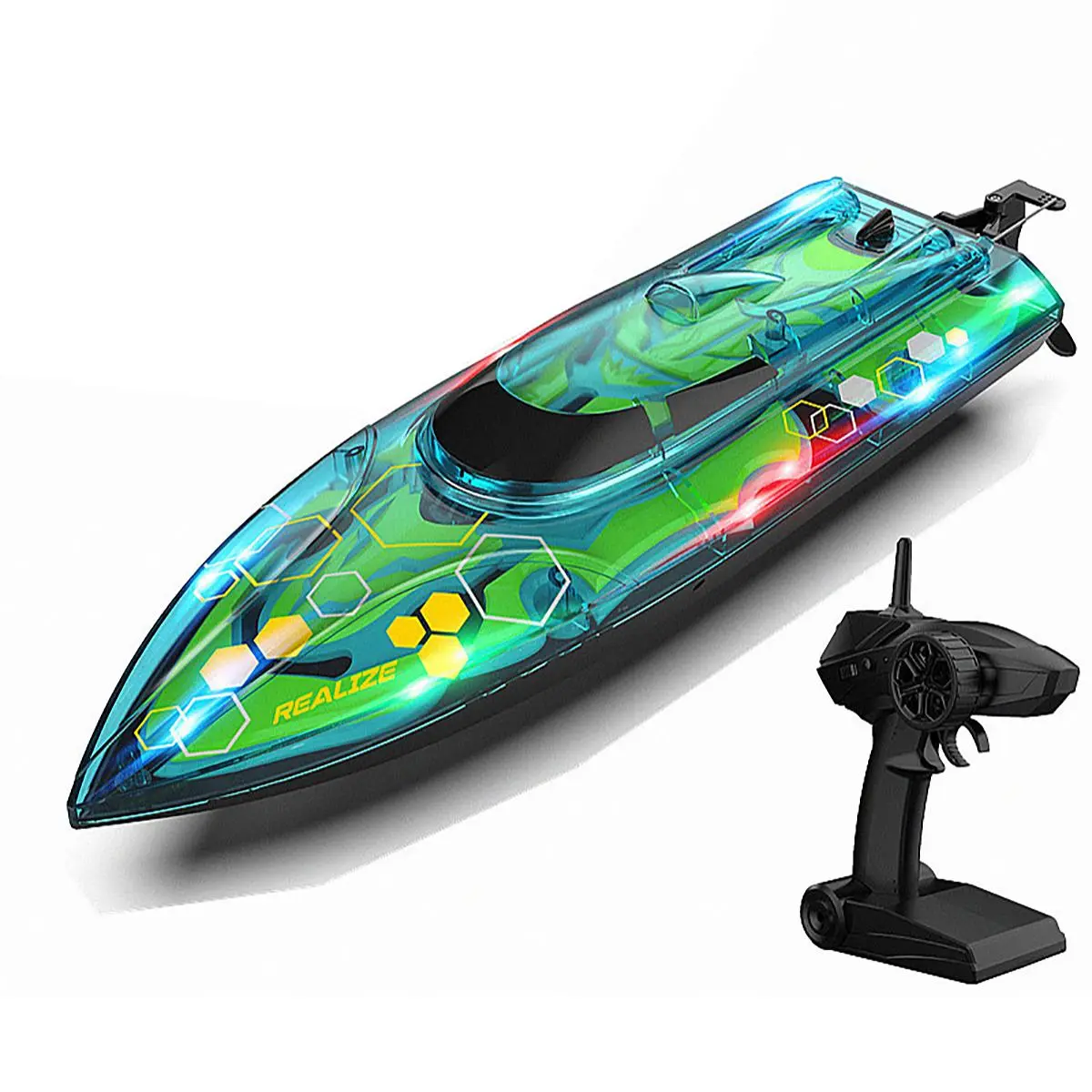 Remote Control High Speed Boat Toy, USB Rechargeable Electric Boat Toy with LED Light, Outdoor Water Toy for Boys & Girls, Birthday Gift