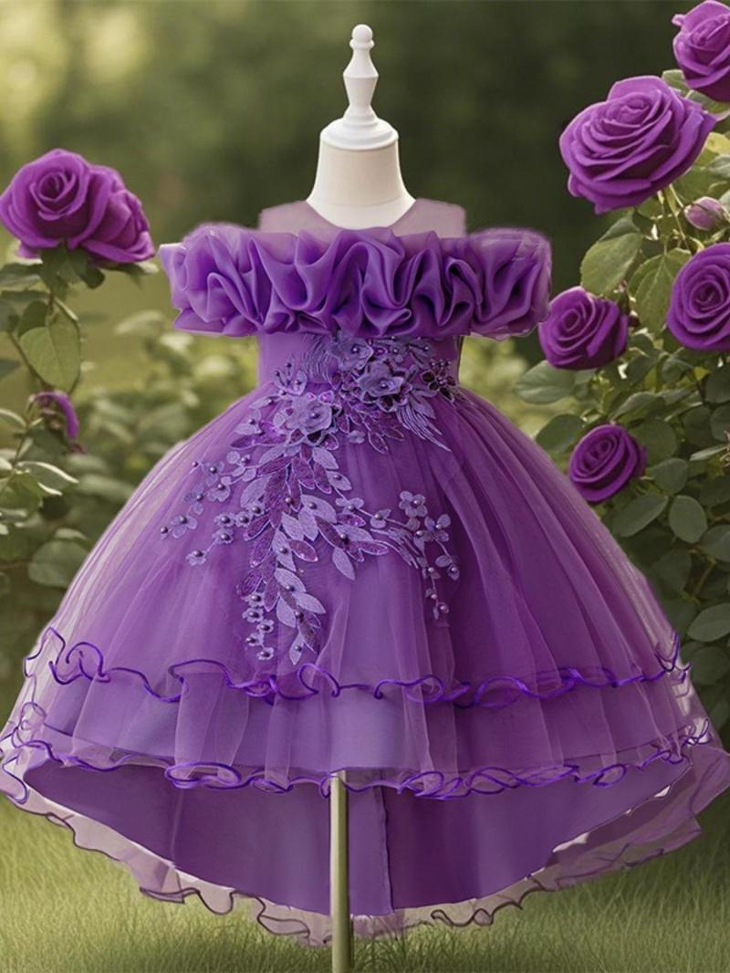 Product Introduction of Girl's Floral Embroidery Sequin Decor Tulle Dress, Elegant Cold Shoulder A Line Dress for Party Performance Wedding Guest, Kids Clothes for Summer 5