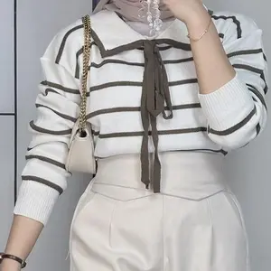 EILY Baju Wanita Rajut Lengan Panjang Motif Garis Kerah Knitwear Korean