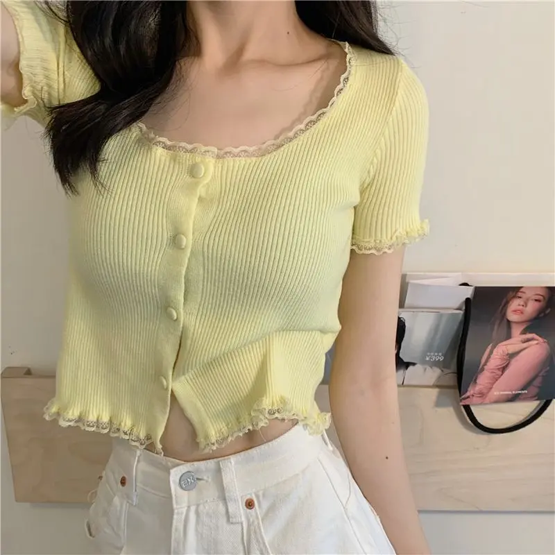 Áo Thun Cạp Cao Trang Trí Ren Phong Cách Hàn Quốc Mới Mùa Hè BM, Hợp Xu hướng, ngắn Tay Áo, Áo Cardigan Dệt Kim, Dành Cho Nữ, Vòng Eo Cao, Phong Cách Sang Trọng Nhỏ