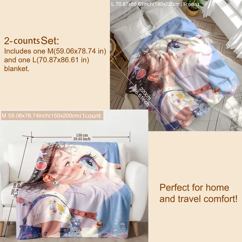 Cartoon Girl & Cat Pattern Blanket, 1/2 Counts Soft Warm Throw Blanket, Warm Nap Blanket for Home Office 5