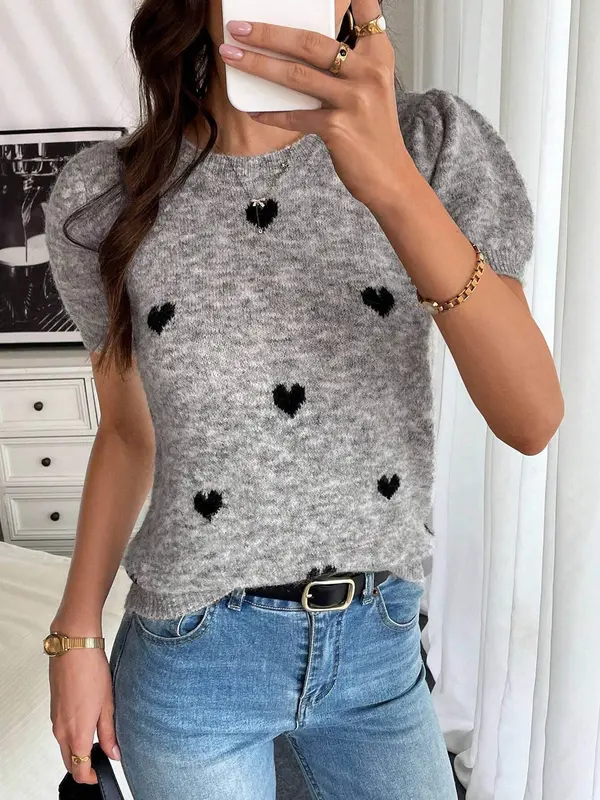 Women's Heart Print Crew Neck Sweater, Casual Short Sleeve Jumper for Daily Wear, Ladies Knitwear for Summer 6