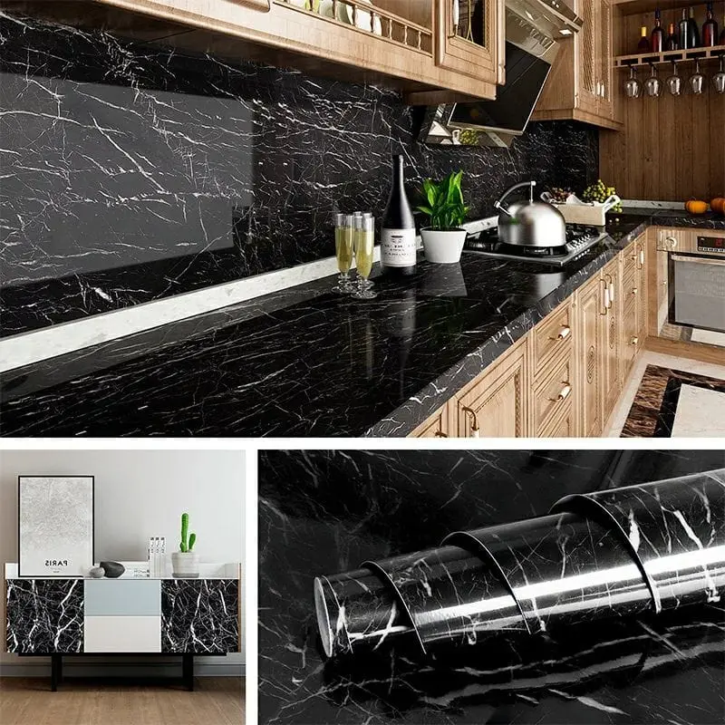 Wallpaper Dinding Marmer Black Glossy 60 x 3m Stiker Marmer Meja Dapur Kitchen Set Kamar Marble 4