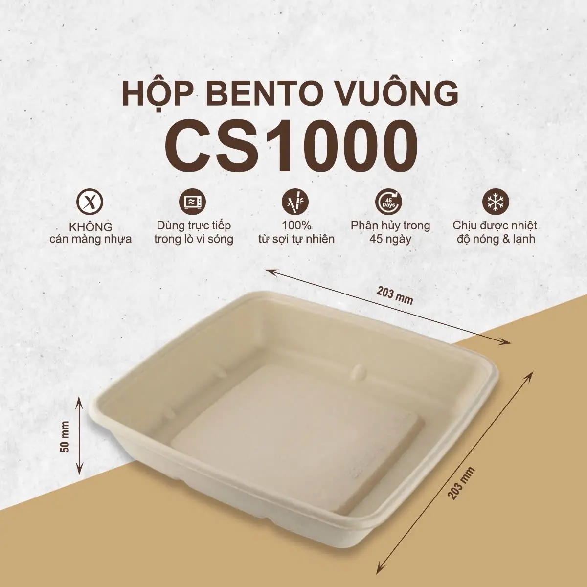 Set 50 Hộp Bã Mía Vuông 203x203x50 Nắp Trong ImPaper 1000ml CÓ NẮP - Đựng Bánh Bao, Sushi, Eat clean