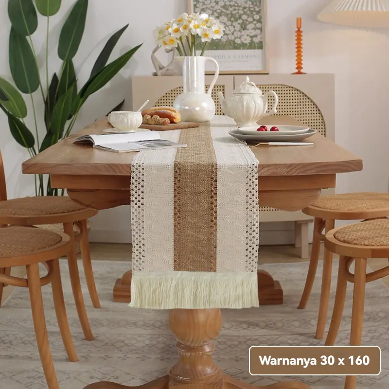 Table Runner Taplak Meja Panjang Bahan Premium Rajut Bendera Meja Katun Linen Taplak Meja Panjang Rumbai Senada Warna Premium Rajut Style 8