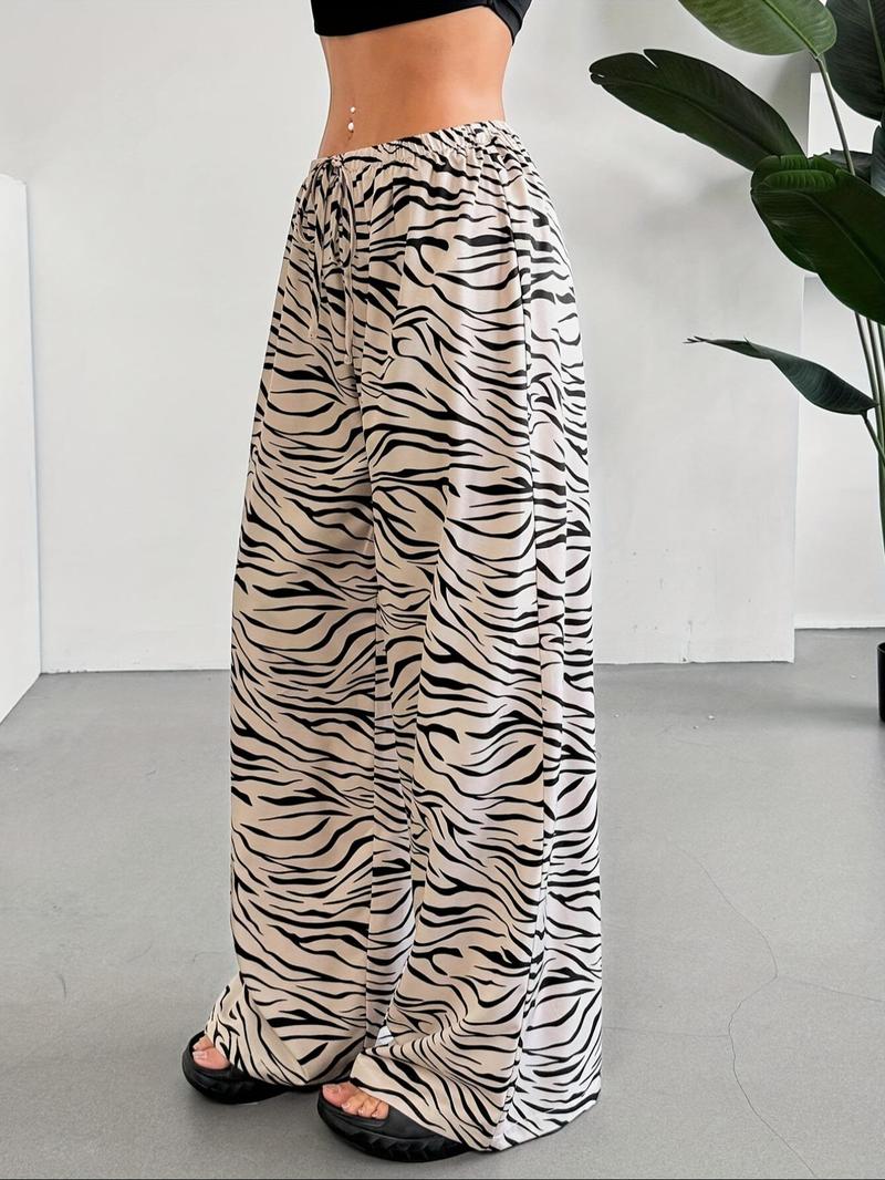 Product Introduction of Women's Zebra Stripe Print Drawstring Waist Wide Leg Pants, Casual Comfy Trousers for Daily Wear, Ladies Bottoms for All Seasons 9