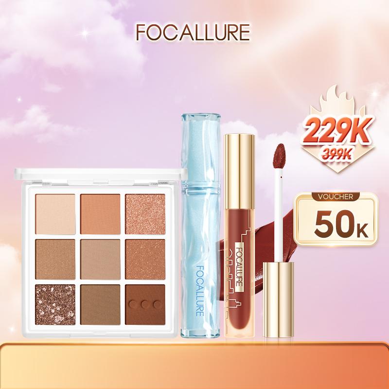 FOCALLURE Bảng Phấn Mắt 9 Màu + Son Bóng Nước + Bộ Trang Điểm Son Nhung
