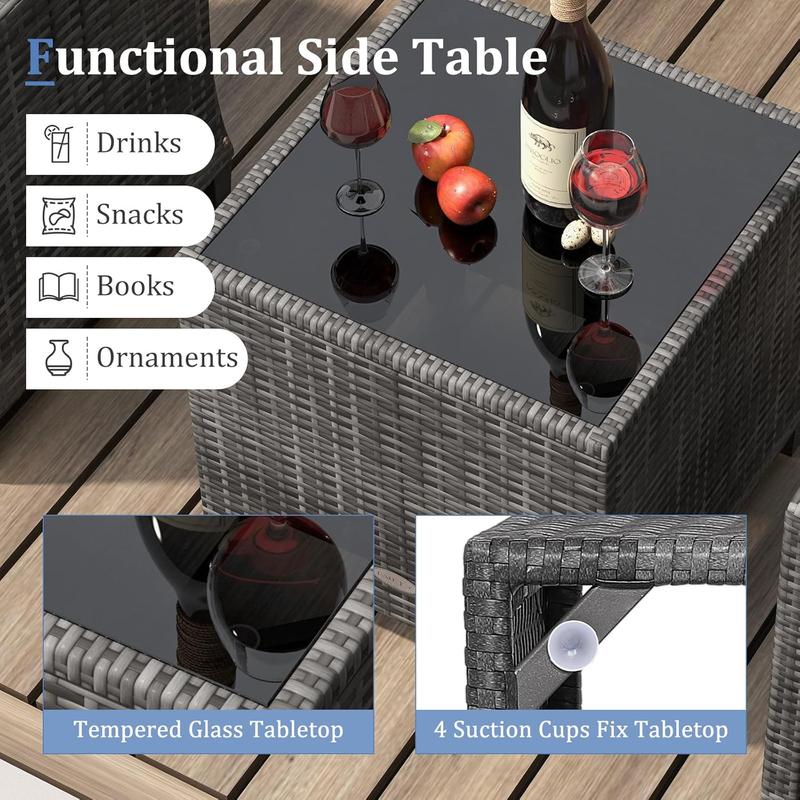 3 Pieces Outdoor Rattan Bistro Set, Patio Wicker Conversation Furniture Set with Cushions & Tempered Glass Tabletop, Metal Frame Garden Conservatory Sofa Table for Porch Balcony (Navy) 3
