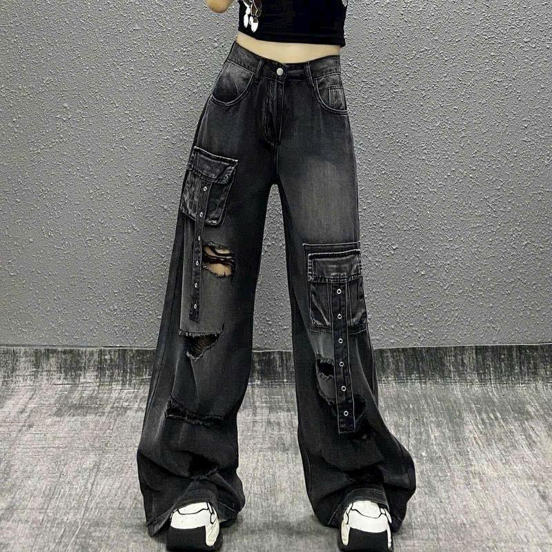 HA010- QUẦN JEAN TÚI HỘP ĐEN LOANG RÁCH CÁ TÍNH SIZE S-XL Pants Nữ