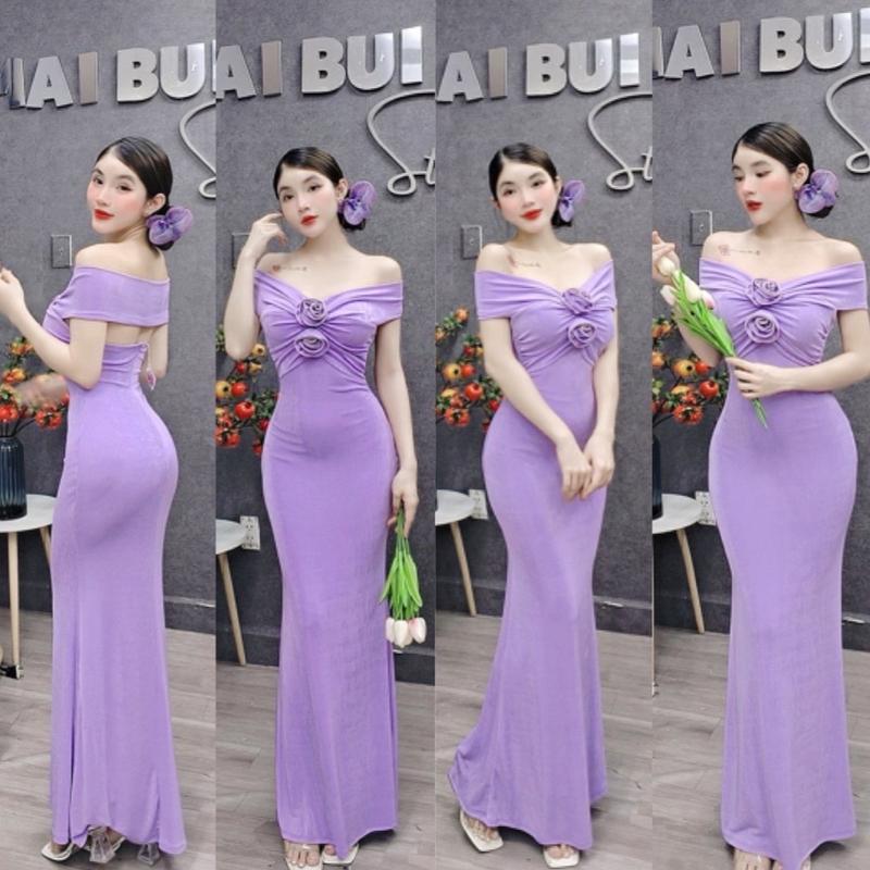 D154 - Đầm Body Bẹt Vai Nhũ Đuôi Cá Phối Hoa Mai Bùi Store