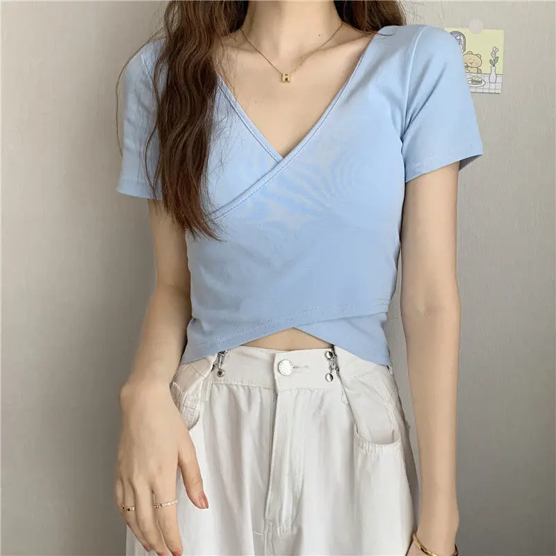 Áo Thun Nữ Ngắn Tay Cổ Tim Thiết Kế Vạt Chéo Nhún Eo Dáng Ôm Chất Vải Mềm Mịn Co Giãn 4 Chiều (SH46) 3