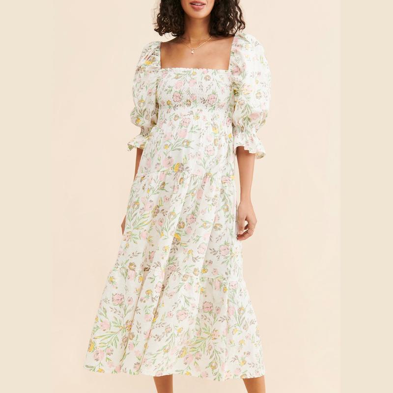 Product Introduction of Women's Autumn A-line Pregnancy Dress Half Sleeve Square Neck Plaid/Floral Baby Shower Dress 35