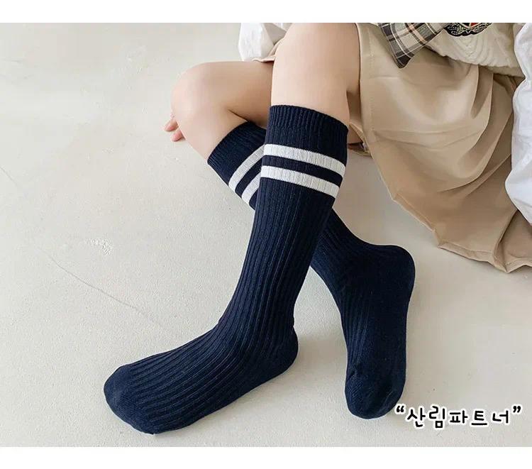 Product Introduction of Spring Autumn Soft Cotton Korean Fashion School Sock for Kids Boy Girl Simplicity Solid Color Striped Calf Sock for Children 11
