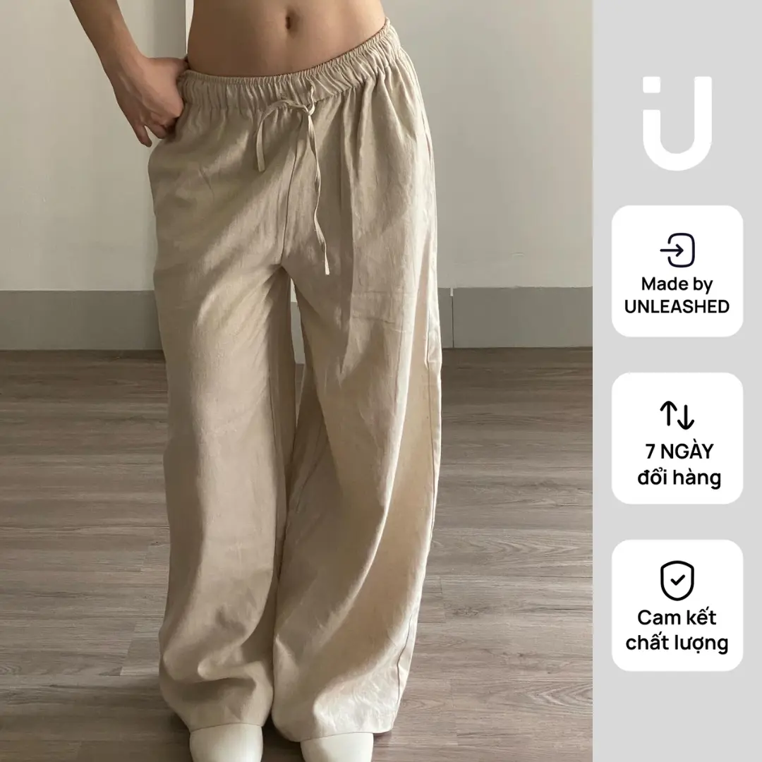 unleashedvn SANDY SUMMER PANTS - Quần linen muối tiêu cạp chun, ống quần suông rộng