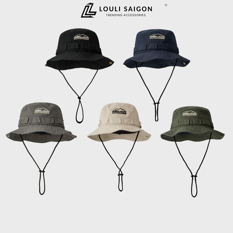 Mũ cao bồi nam nữ LOULI SAIGON có dây rút, Nón tai bèo thêu Outdoors chất kaki cao cấp MTB12