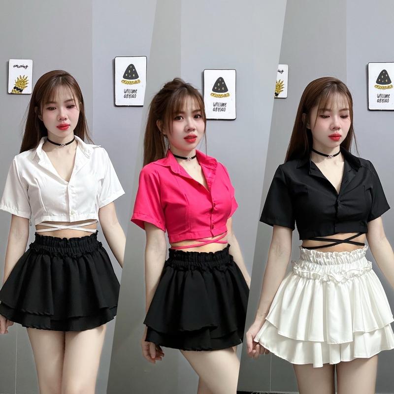 Áo Sơ Mi Crtop Chéo Dây Voan Lụa Nữ Shirt Sơ Mi