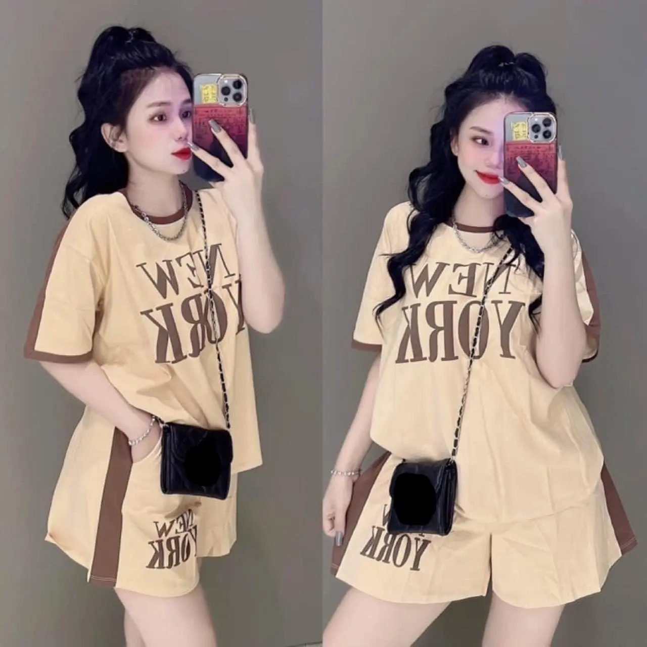 Đồ bộ đùi áo cổ tròn in nữ NEW kèm quần viền sọc Top Umi Women Kem