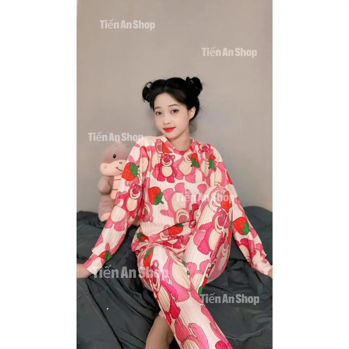 Bộ Xốp Nhật Nữ Cổ Tròn Ủ Kem Tay Dài, Quần Ôm In Hình Áo Women setthun set   đồ bộ bigsize