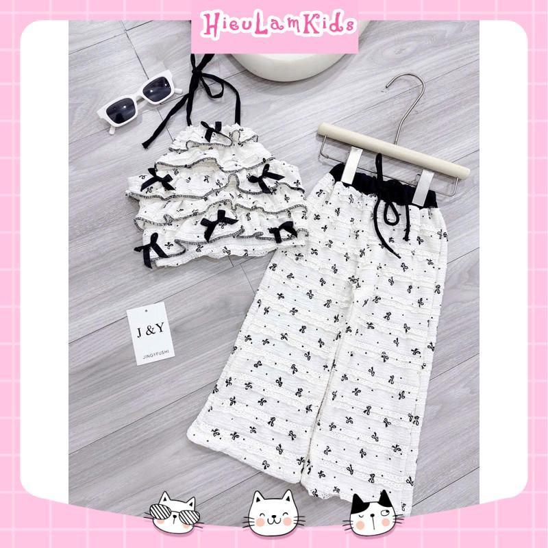X47 - Bộ quần áo bé gái, Set áo dáng yếm nơ đen kèm quần dài cho bé gái 1