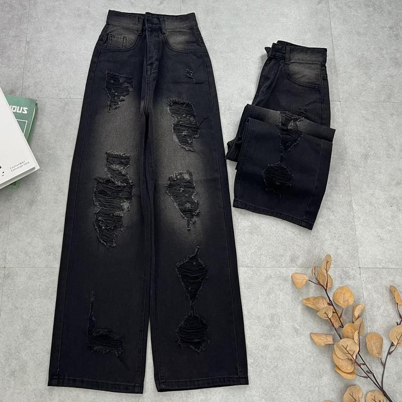 Quần Jean Nữ ống Suông lưng cao rách kiểu Xám Đen -Quần baggy jean nữ ống rộng  màu RETTO mẫu mới TH80
