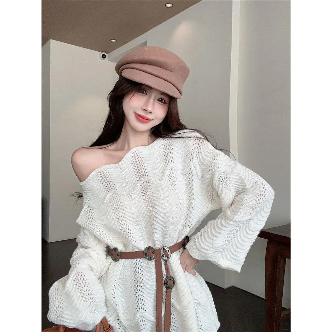 Áo Len Dệt Kim, Phong Cách Hàn Quốc, Nhẹ Nhàng Thường Ngày Và Ngọt Ngào, Ren khoét Áo Chui Đầu, Hàng Mới Về Mùa Thu Và Mùa Đông, Áo Bó Sát Lười Biếng Và Rộng Rãi