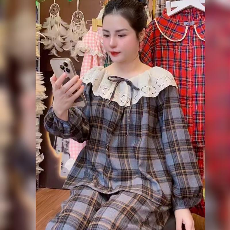 sam - Bộ pizama kẻ cổ điển chất liệu thô dạ mềm - Mã T43