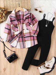 Two-piece Set Girl's Plaid Print Button Front Shirt Jacket & Cami Jumpsuit Set, Casual Long Sleeve Pocket Collared Top & Jumpsuit for Spring & Fall, Kids Clothes for Daily Wear, Girls Clothes Sassy 11 To 12
