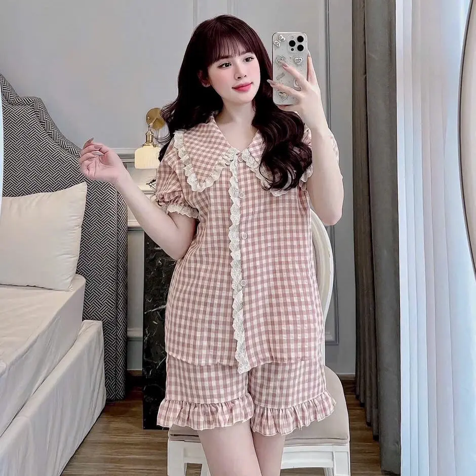 Sét đồ bộ kẻ cộc tay pha viền ren,chất đũi xốp mềm ,thoải mái