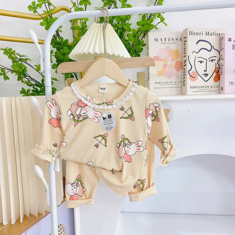 COMBO 2 BỘ quần áo thun tăm dài tay, họa tiết in kín cho bé gái size 6-16kg 6
