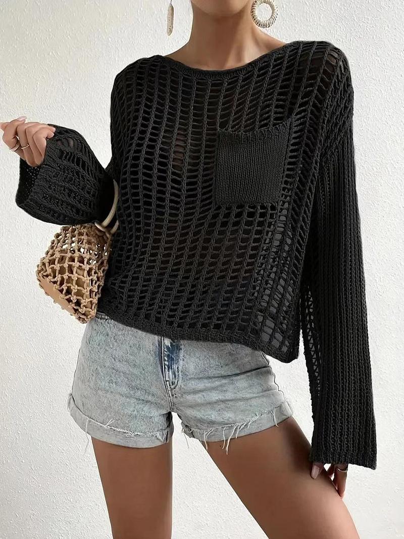 Product Introduction of Women's Plain Hollow Out Pocket Sheer Drop Shoulder Sweater, Casual Long Sleeve Crochet Jumper for Summer, Fashion Women's Knitwear for Daily Wear 8